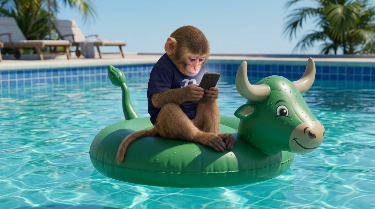 apeonfomo scrolling on a green bull pool float