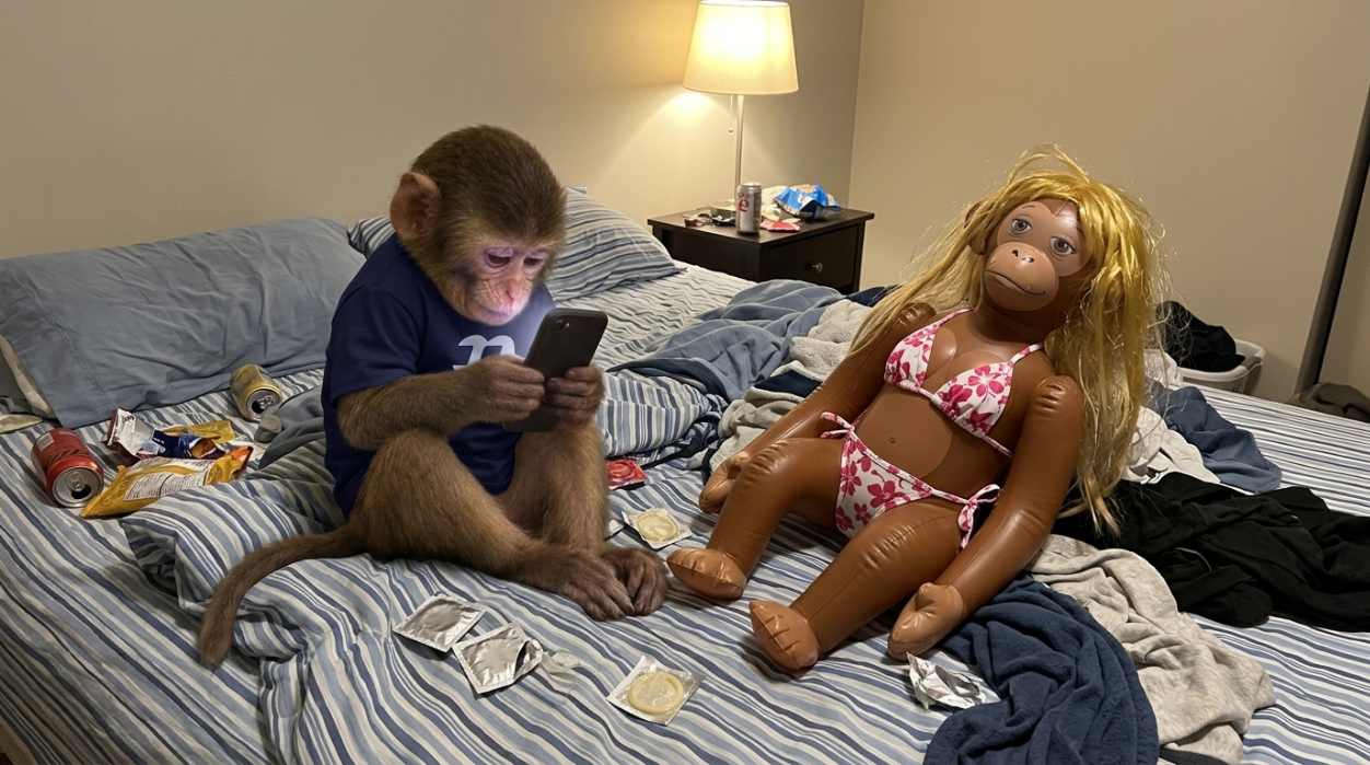 apeonfomo glued to his phone in a messy room